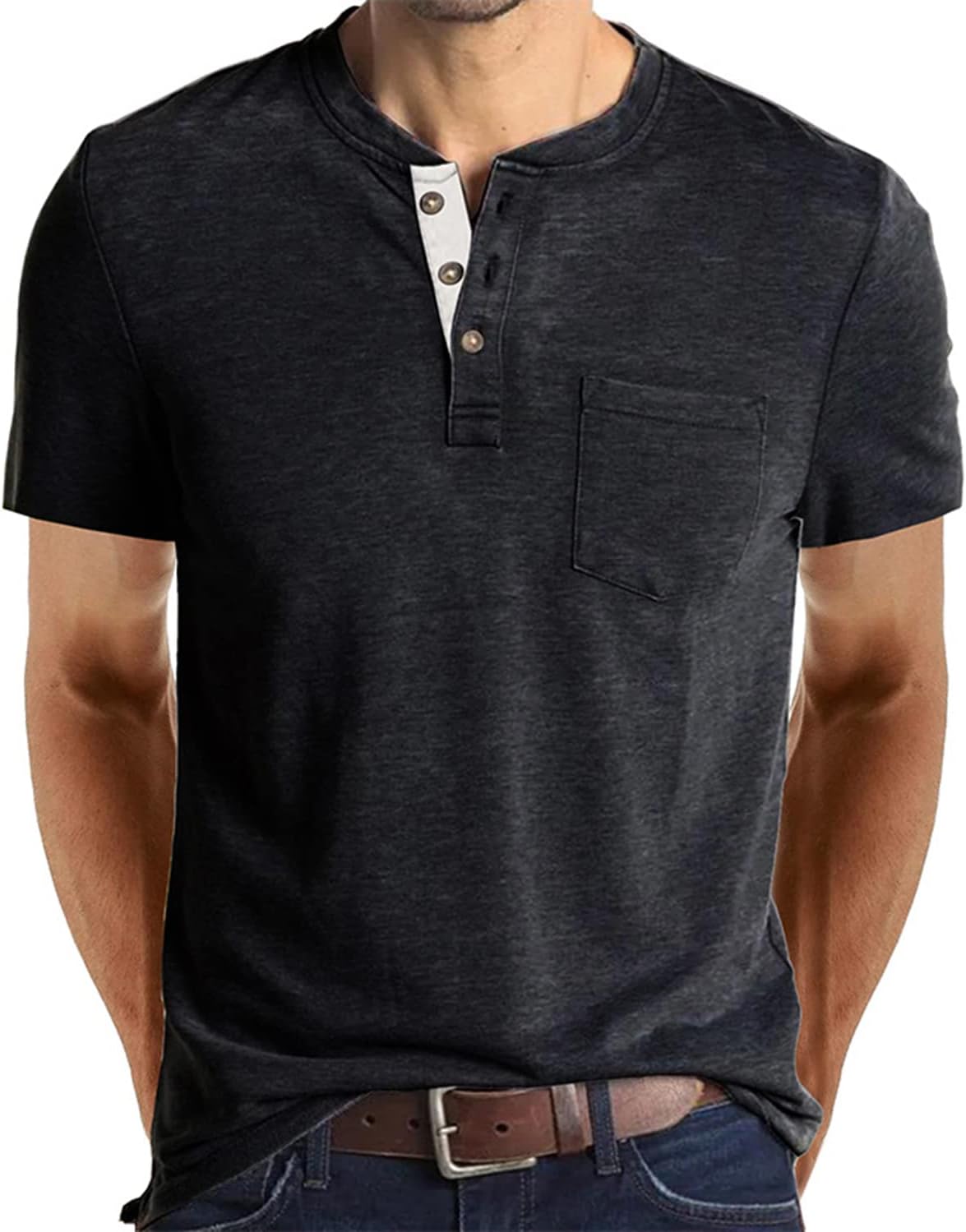 616f6oV0ACL._AC_SL1499_.jpg Fashion Men's Henley Shirts Classic Short Sve Basic Button Cotton T-Shirt with Pocket - Image 1